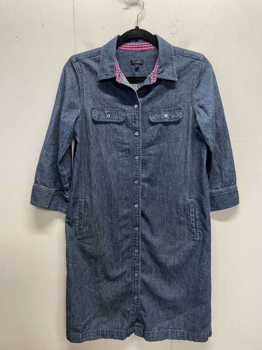 Talbots Women's Denim Shirt Dress 3/4 Length Sleeves Roll-Tab Cuffs Size 8